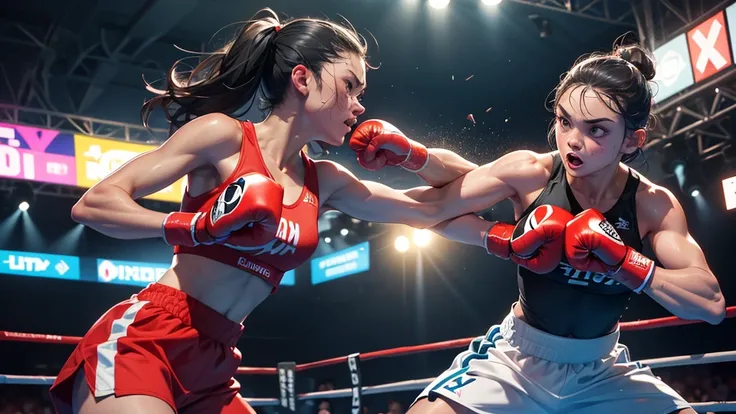 (best quality,4k,8k,highres,masterpiece:1.2),ultra-detailed,(realistic,photorealistic,photo-realistic:1.37),2_girls,boxing match,boxing ring,fighting,sweat and blood,determination,strong punches and powerful kicks,muscular bodies,adrenaline rush,victory in...