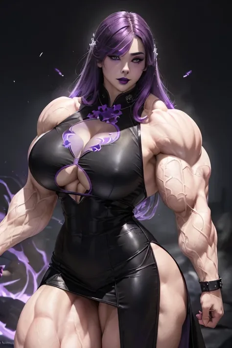 ((((Massive, beautiful, buff, pale white skinned, muscular woman with violet purple hair, black lipstick, glowing black eyes, ginormous bulky muscles, and wearing a beautiful long black leather cheongsam dress)))), close view, massive muscles, massive bice...