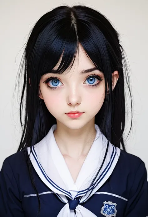 Anime school girl with dark blue eyes and black hair