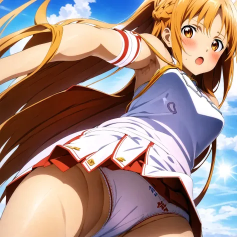 {{Asuna Yuuki(SAO)}}},official style,2d cel anime, gleaming skin,strong light coming in，
One girl, alone,stage,Portraiture,View your viewers，((Cotton panties with crotch))，(((Skirt flip, I can see your panties)))，squat，Spread your legs，Spread your legs，Fro...