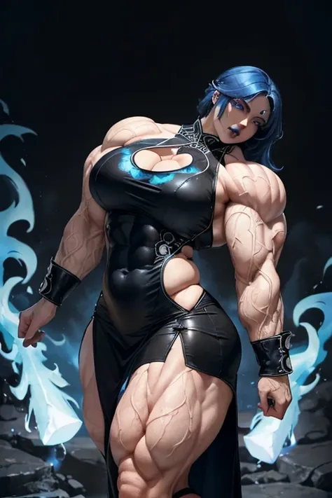 ((((Massive, beautiful, buff, pale white skinned, muscular woman with royal blue hair, black lipstick, glowing white eyes, ginormous bulky muscles, and wearing a beautiful long black leather Cheongsam dress)))), close view, massive muscles, massive biceps,...