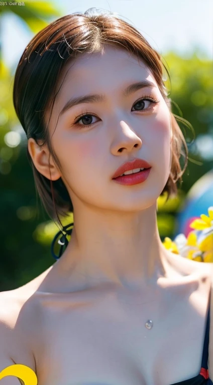 highest quality、ultra-high resolution、(realistic)、18-year-old girl、short hair、slicked back hairstyle、swimwear、liar、pool、(((micro...