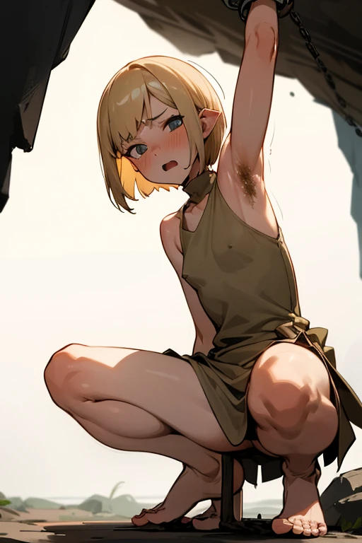 Only One Woman、Blonde、Sharp, pointed ears、Short Bob、short hair、Small size breasts、Flat Chest、Visible nippleini tank top dress、Tattered Dress、Wearing a light brown dress、barefoot、Urinating in a cave、Spread your legs、Squat positions、Open your mouth、Blushed f...