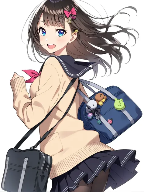 sailulu  style,1girl, solo, pantyhose, long hair, blue eyes, , bag, skirt, open mouth, black legwear, serafuku, smile, school ba...