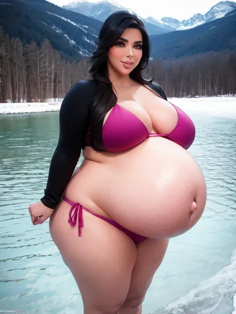 Fat pregnant Kim Kardashian, eyeshadow, blushed, closed smile, big cheeks, bikini, Big lips, double chin, chubby body,bbw, morbidly obese, fat rolls, pregnant belly, weight gain, frozen lake 