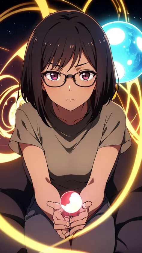 ((1girl)), anime, short dark hair, dark skin, shiny glasses lenses, mouth closed and expressionless, sitting, with her hands holding a glowing orb while two other glowing spheres orbit around her.