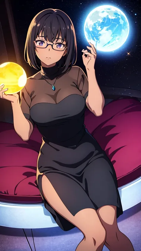 ((1girl)), anime, short dark hair, dark skin, shiny glasses lenses, mouth closed and expressionless, sitting, with her hands holding a glowing orb while two other glowing spheres orbit around her.