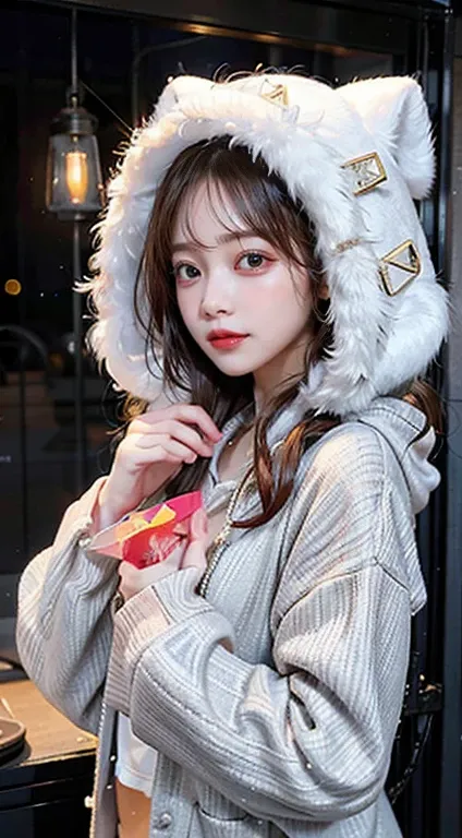 Parker Girl、Seeking warmth on a cold day。She wears a hoodie hood on her head.、I try to wrap my body around my body。That hoodie is pale in tones.、Comfortable movement while protecting the body。Hair fluttering in the wind、Blue eyes sparkle as if seeking warm...