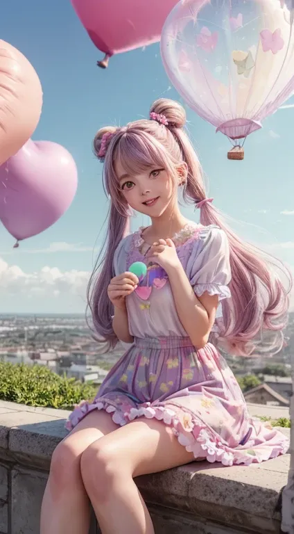 (whole body, legs and shoes visible: 1.2)) Expressive eyes, woman, Pale skin, Long Hair, Windblown Hair, ((absurdly Long Hair)), Long side locks, Princess bangs, Hair bangs, Hair Bun, ((Very long twin tails)), Rainbow Hair, Light pink hair, Blushing, full ...