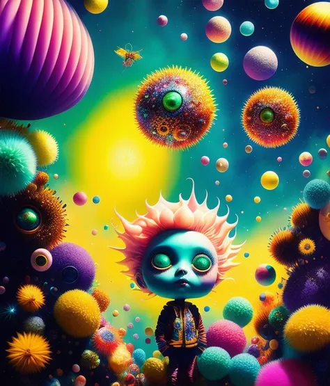 Color Pop Style, Photo photo portrait of the sun surrounded by satellites of orbiting planets, blonde spiky hair, Make me jealous, Mark Ryden, Alberto Seveso, Brooke Shade, anna dittman, Flora Borsi, 8k resolution, Perfect composition, milky way, Rainbow-c...