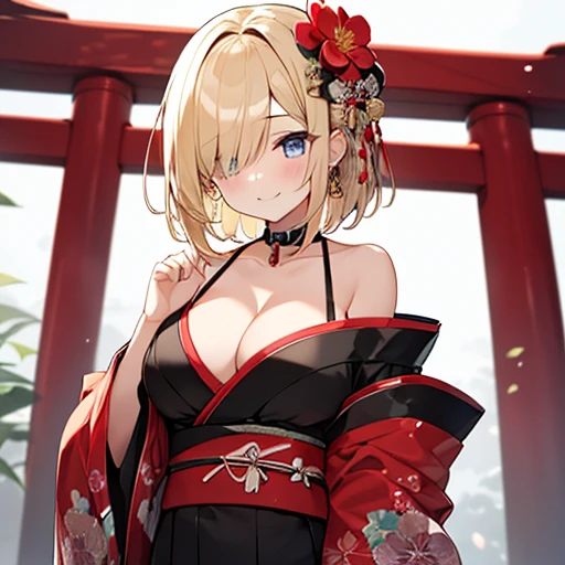 masterpiece、highest quality,Very detailed, Absurd beauty、Big red torii gate、Standing under the torii gate、(1 beautiful girl、Medium Hair、One eye is hidden,blonde、Very ample breasts)、Narrow eyes、Keep your head small、Flower pattern kimono、Long kimono、Oiran st...