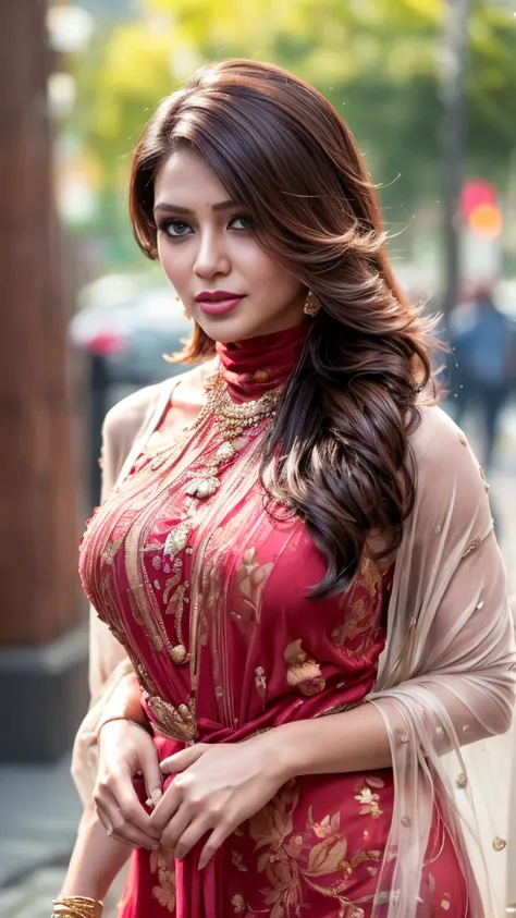 RAW, Best quality, high resolution, Work: 1.3), Beautiful indian woman wearing a dress in the rainy season, walking on a rainy street, wearing a thin Malay silk gamis, see-through, wet, rain scene, big breasts, depth of field, Real light, Ray traching, Pre...