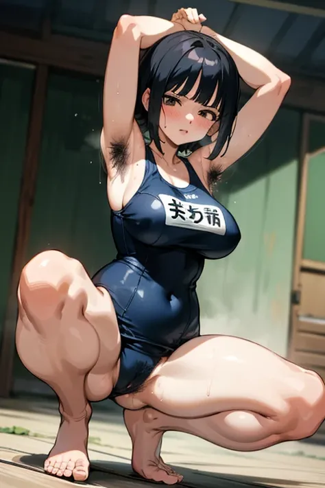 woman，Black Hair、short hair、既婚woman、Large Breasts、L Cup Breast、屋外に排尿するwoman、Navy blue swimsuit、One piece swimsuit、School Swimsuit、Squat Pose、Spread your legs、Electric shock、Sweat、barefoot、Hairy armpits、Underarm hair、lipstick