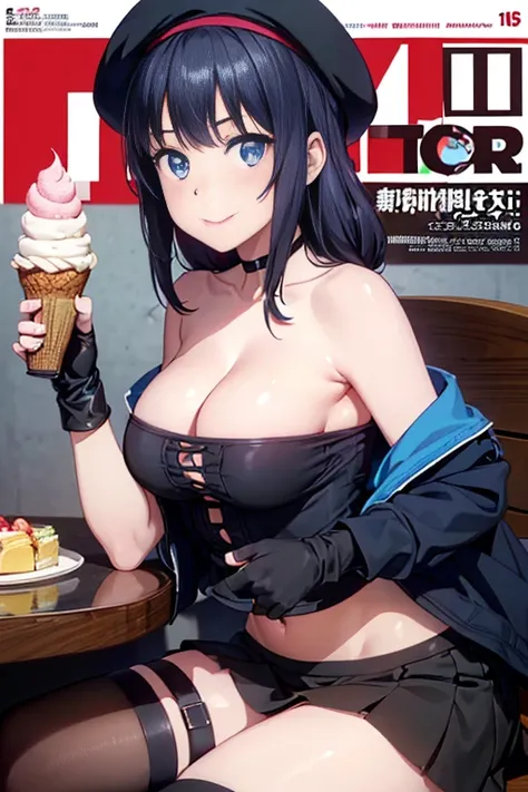 (from below:1.2),(from side:0.9), ((beautiful Face)), (Close-Up:0.6), ((looking at viewer, holding a icecream)),(Italian sweets magazine cover:1.4), highest quality、(real、photorealistic:1.5),(ultra high resolution,dark blue hair,long hair, between eyes,ban...