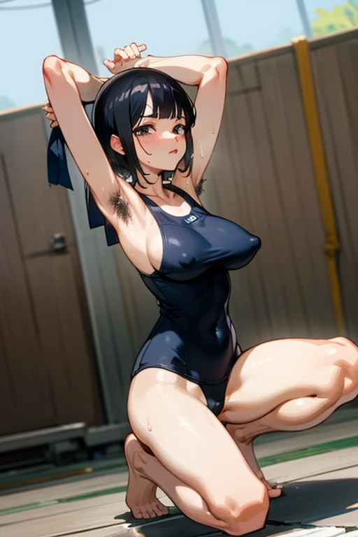 woman，Black Hair、short hair、既婚woman、Large Breasts、L Cup Breast、Visible nipples、裏路地に排尿するwoman、Navy blue swimsuit、One piece swimsuit、School Swimsuit、Squat Pose、Spread your legs、Electric shock、Sweat、barefoot、Hairy armpits、Underarm hair、lipstick、shame