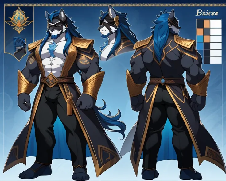 dark skin furry man, furry male, black eyes, blue hair, long hair, ((furry)) ,anime style, 4k image, full body, holographic background, Character sheet, Handsome male. Perfect face, 6 ft 5 tall middle aged furry man. Blue hair. Long hair. Grey eyes. Beard....