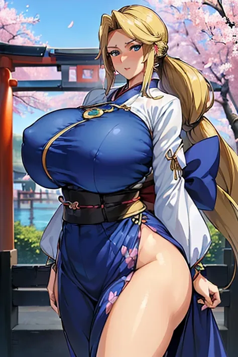 ((woman,(Huge breasts:1.8), very red lips,Huge breastsを強調,Big Ass,Narrow waist,Long legs,Are standing,greenish blue eyes)) 8K(((Japanese Costume,kimono,european style costume,Tight fitting clothes,Clothes that fit tightly to the body,Clothes that show off ...