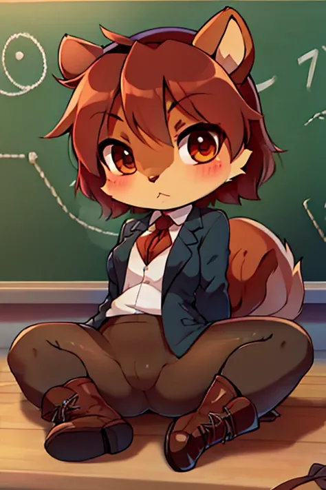 boy, squirrel, furry, bodyfur, blazer, no panties under pantyhose, gloves, boots, chibi, school, spread legs