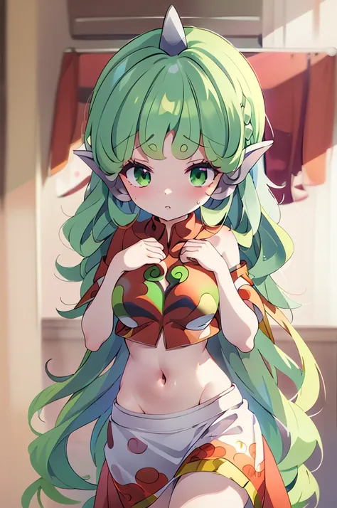 (masterpiece, best quality), best quality, (ultra-detailed), (3heads:1.5), 1girl, (komano aunn:1.3), masterpiece, best quality, ultra quality, ultra resolution, ultra detail, red top, crop top, ((stomach)), midriff, ((groin)), white skirt, normal ears, sha...