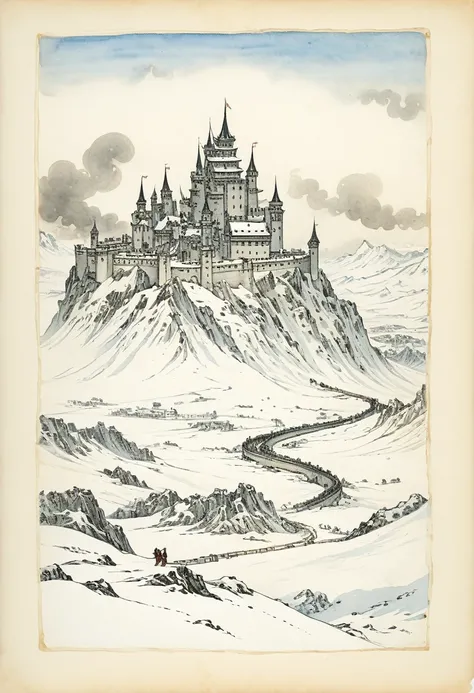 Double contact,An ancient castle in the shadow of a dragon,(snow:1.4),author：Christopher Leyland,Double contact,on parchment,INK on parchment,