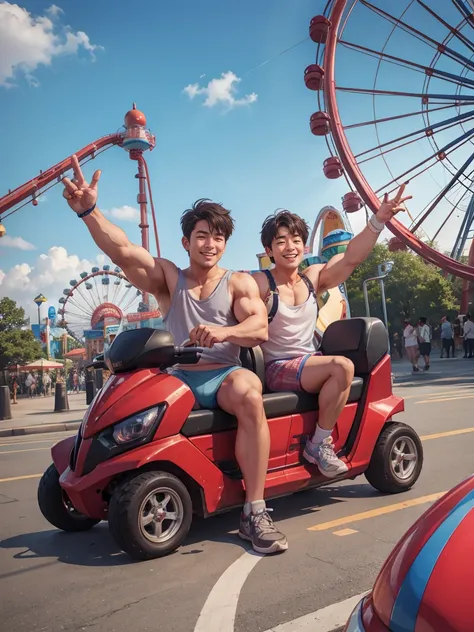 korean people, underwear,muscular body,smile,ride in an amusement park roller coaster.