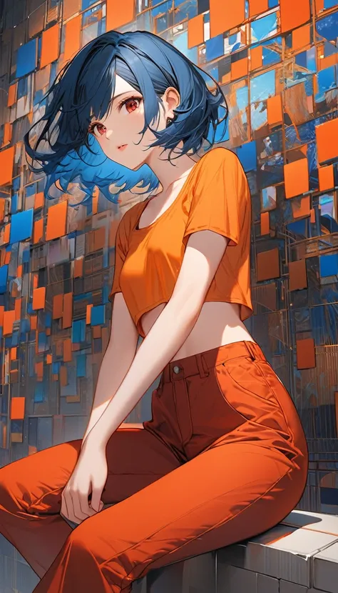 highly, high detailed, Masterpiece, beautiful, (long long shot), 1girl, (blue hair, red eyes, short hair, hair in motion, orange crop top, long red pants, background detailed, sitting in a square)