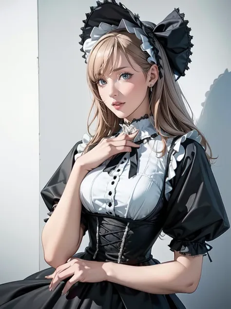 {{masterpiece、highest quality、(((realistic、realistic:1.37)))、8k quality}}, a woman dressed in gothic lolita costume is holding a...