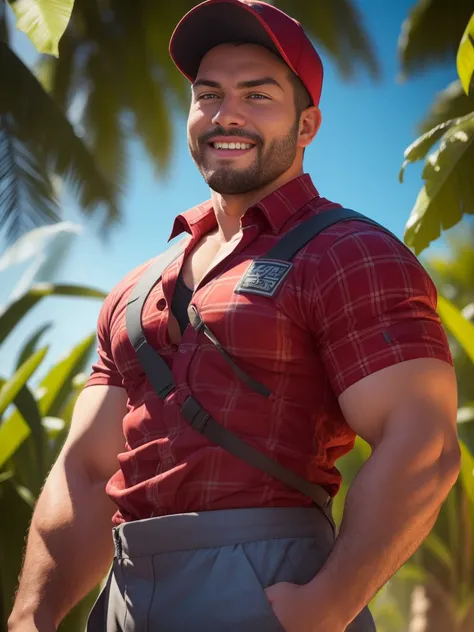 An award-winning original photo，A wild muscular man, (40 years old daddy:1.1), 1boy, Solo, (wearing red plaid overall), (big shoulders), musculature, stubbles, Short beard, Beautiful eyes:1.3, ), (Detailed face:1.3), (baseball cap), smiles, Dynamic Angle, ...