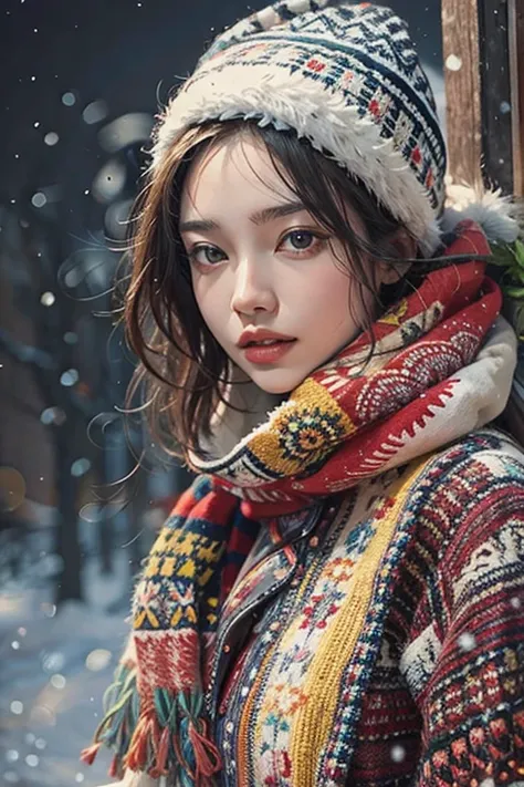 photorealistic, high resolution, 1women, solo, hips up, look at viewer, (detailed face), colorful winter clothes, snow