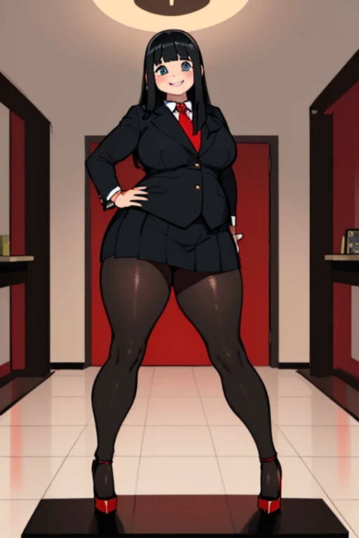 (masterpiece, highest quality:1.2), solo, 1girl, 35-year-old, mature woman, blue eyes, long black hair, (Chubby figure:1.5), grinning, looking at viewer, (Wearing: red business suit, tight black skirt, black pantyhose, High heels), Indoors, computer room