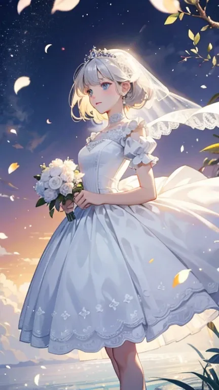 ((best quality)), ((masterpiece))  WEDDING PRINCESS DRESS, light ray, lens flare, white petals, long coated cat, exotic