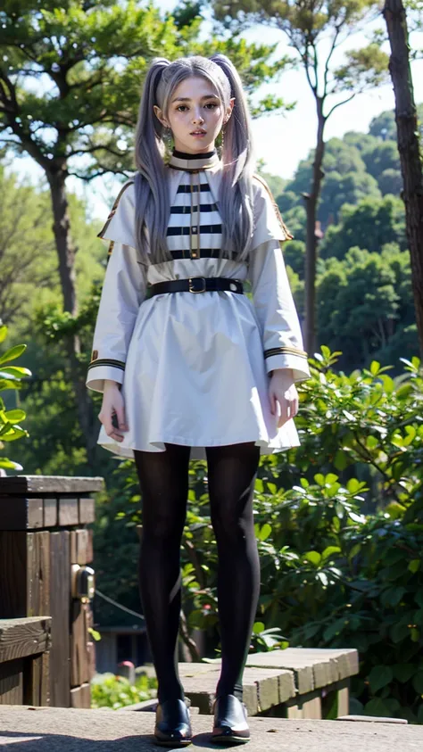 cosmieyes, frieren, frieren, long hair, twintails, (green eyes:1.5), grey hair, pointy ears, elf, shirt, long sleeves, jewelry, pantyhose, earrings, striped, black pantyhose, capelet, striped shirt, looking at viewer, upper body, outdoors, sky, nature, (ma...