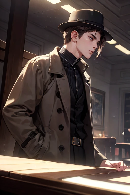 masterpiece, best quality, realistic, 1man, mature male, quiet and charming young man, 25 years old, close his eyes, serious look, extremely detailed face, ((dark grey eyes)), ((short-right-swept dark brown hair)), [thick eyebrows], detective, ((Dressed in...