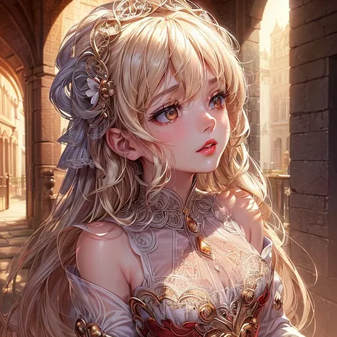 (((face_focus))),((filigree)),((cobblestone road)), ((vintage style building)),(((platinum blonde))),((very long hair)),((Golden Eyes)),((too many hair ornaments)),((gorgeous)),((tiered layers skirt)),((lace trimmed)),((embroidery)),(((pale red lip,BREAK))...