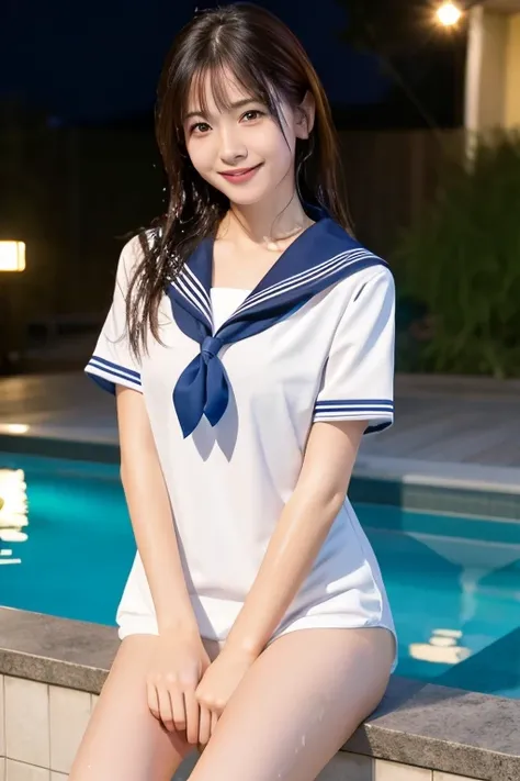 (8K), (highest quality: 1.2), (Realistic), (Realistic: 1.37), Ultra-high resolution,1 Japanese female,Night Pool,Sit by the pool,A radiant smile,Clear unevenness,Slender,whole body,Wet white short-sleeved sailor suit,Wet straight hair,Beautiful water splas...