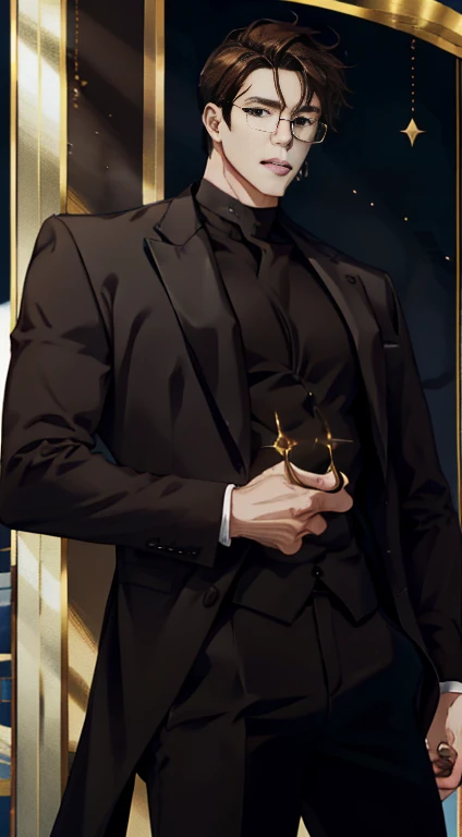 Mature male wearing golden glasses，wearing black suits，a broad shouldered，large tall，dark brown  hair