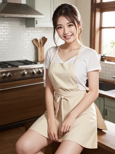 ((highest quality))、(Natural and realistic eyeasterpiece、8K、photograph、reality、Japanese women、1 person、30th Generation、married、From the knee up、kitchen、V-neck dresini skirt、apron、(Sexy smile)、clear、Beautiful woman、Elegant