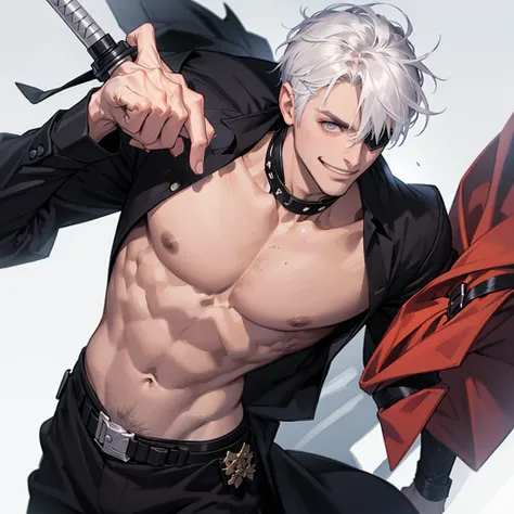 solo、(Handsome men:1.4)、(Hold Katana)、(Man 6 feet tall)、(confident grin:1.2)、15yo student、Short hair、grey  eyes、(an eye patch)、toned body、muscular male、(White hair)、(Top image quality)、(8K picture quality)、(masutepiece)、cinematric light, Cinema Shadow, Sha...