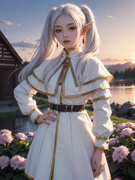 (maximum quality image, masterpiece), detailed landscape,(((white hair))), detailed beautiful green eyes,  tranquil lake (reflecting the vibrant sky at dusk),nuances of colors,quiet, frieren, 1girl, long hair, pointy ears, twintails, jewelry, elf, earrings...