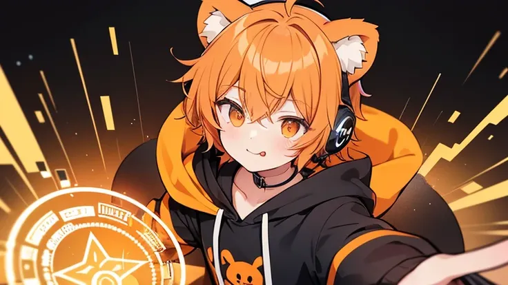 Fluffy bear ears　Hair color orange　((boy))　(headphone)　Black hoodie with gold lines　Face up Magic circle　Eye color black　Ultra short hair　 smile　 4K resolution　reaching out　Sticking out his tongue defiantly