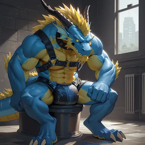 Solo, male, scalie, furry, god, solo, eastern dragon, anthropomorphic dragon, dragon head, blue scales, yellow stripes, light blue underbelly, yellow beard, ferocious, fierce, intimidating, draconic eyes, dragon head, yellow fur on back, yellow beard, bara...