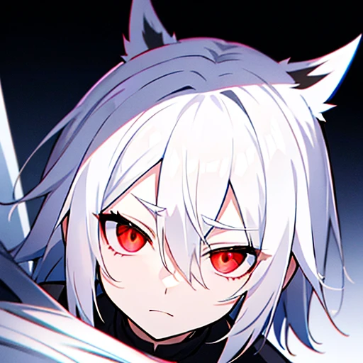 close range、High Angle、An anime boy with white hair is looking straight at the camera、slim、Shadow Body、Wearing black clothing、Monochrome、White skin、Disheveled Hair、Red glowing eyes