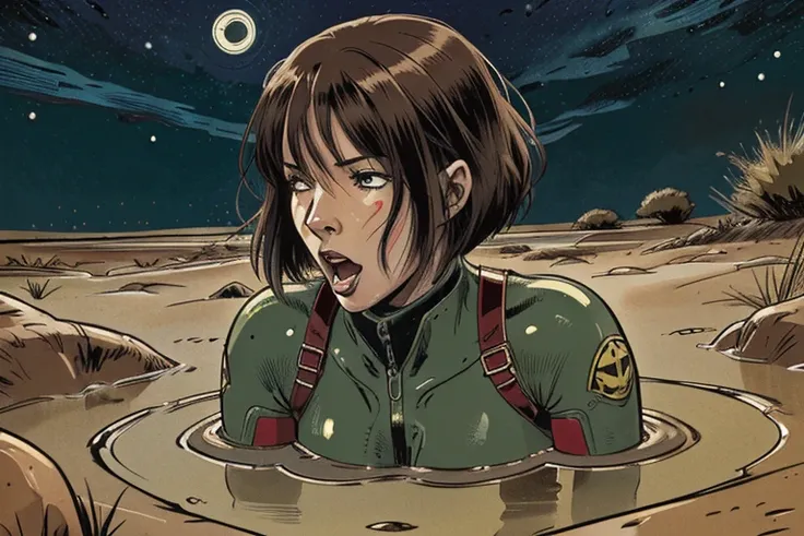 vector image, anime, mature appear bob-cut woman, gloomy orgasm, drowning in the middle of quicksand bog, green,red, blue, night sky, hard heavy rubber suit, straps, belts, gloves, bandage