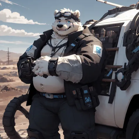 New Jersey 5 Furry，polar bear，Exquisite， Chubby，Fat，Thick arms，Rugged muscles，White plush fur，Chubby脸，Black eyebrows，Sky blue eyes，Beard，Wasteland，Leaning against an armored SUV，Wearing blue goggles on forehead，Black trench coat，Pants，standing solo，Smile，H...