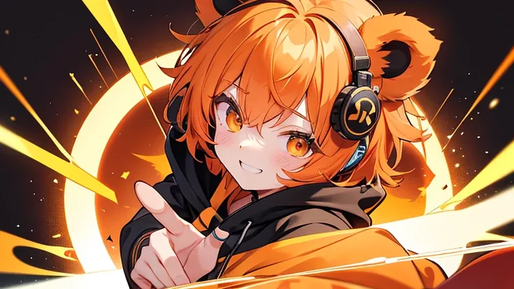 Fluffy bear ears　(Orange hair color)　((boy))　(headphone)　Black hoodie with gold lines　Face up Magic circle　Eye color black　Ultra short hair　 smile　 4K resolution　reaching out　Provocative