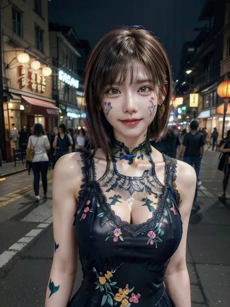 a woman posing on the street corner with light ､ highest quality, 1peopleの女の子, Large Breasts, Day, bright, Blur the background, Bokeh, Outdoor, (street:0.8), (people々, crowd:1), (lace trim dress:1.5, Sleeveless dress, Body Paint Chinese Dress :1.2, Transpa...