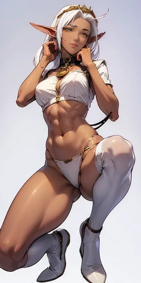 (((Plain background 1:2))) (masterpiece, high quality: 1.1) 1girl solo looking to the viewer, view from below, far shot, cow boy shot, hairstyle with a braid, white colored hair, perfect lighting, muscular, thighs, mature woman, mummy, bellybutton, abs, lo...