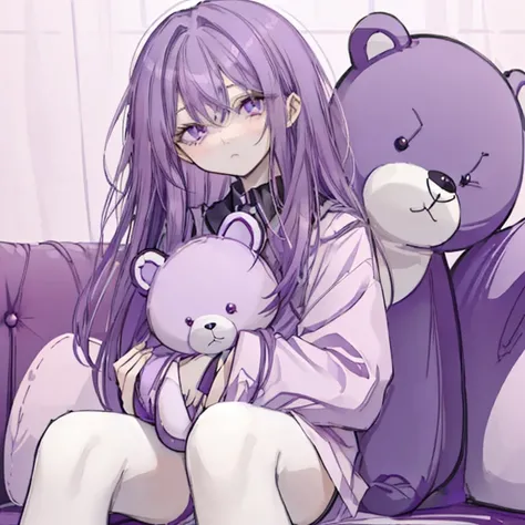 Purple Hair，Purple Eyes，Long Hair，Sharp Eyeature，Embracing a big teddy bear，Sit on the sofa，pastel colour，gorgeous，cute