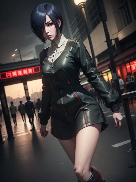 touka kirishima,beautiful detailed eyes,beautiful detailed lips,extremely detailed eyes and face,red and black hair,tokyo ghoul,anime style,dark and mysterious atmosphere, intense gaze[tokyo ghoul],outdoor setting,cityscape background,nighttime scene,vivid...