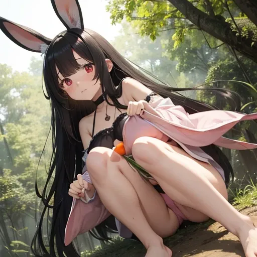 masterpiece, highest quality, High resolution,  Black long hair、Drooping eyes，barefoot，Looking up，Embarrassed face，Angle from below、Big Breasts、Fluffy pink one piece、have a big carrot、White droopy rabbit ears、in the forest、There are rabbits around、Carrot P...